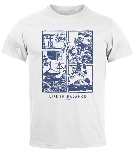 Neverless® Herren T-Shirt Japan Fuji Motiv Grafikshirt Life in Balance Asien Style Fashion Streetstyle weiß XS von Neverless