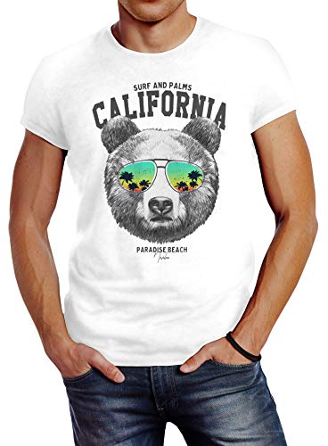 Neverless® Herren T-Shirt Löwe Bär Sonnenbrille Palmen Summer California Slim Fit Bear weiß L von Neverless