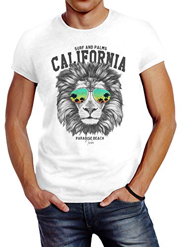 Neverless® Herren T-Shirt Löwe Bär Sonnenbrille Palmen Summer California Slim Fit Lion weiß XS von Neverless