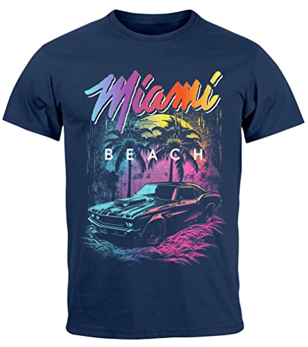 Neverless® Herren T-Shirt Miami Beach USA Oldtimer Car Palmen Print Fashion Streetstyle Navy XS von Neverless