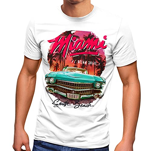 Neverless® Herren T-Shirt Miami Ocean Drive South Beach Oldtimer Retro Fashion Streetstyle weiß-pink XXL von Neverless