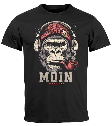 Neverless® Herren T-Shirt Moin Schriftzug Gorilla Musik Aufdruck Brustprint Printshirt Fashion Streetstyle schwarz XS von Neverless
