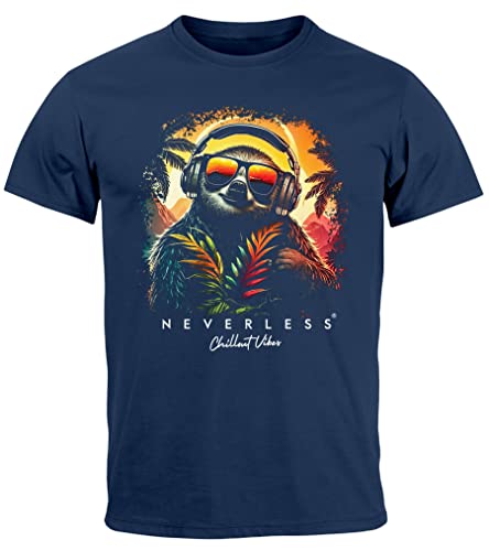 Neverless® Herren T-Shirt Musik DJ Chill Faultier Print Aufdruck Relax Sommer Fashion Streetstyle Navy 5XL von Neverless