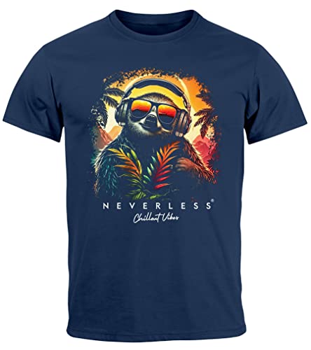 Neverless® Herren T-Shirt Musik DJ Chill Faultier Print Aufdruck Relax Sommer Fashion Streetstyle Navy S von Neverless