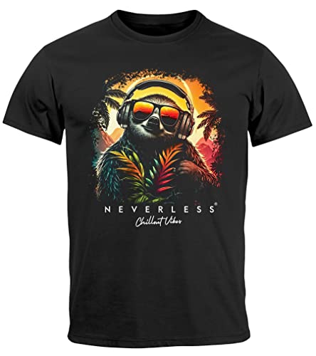 Neverless® Herren T-Shirt Musik DJ Chill Faultier Print Aufdruck Relax Sommer Fashion Streetstyle schwarz XS von Neverless