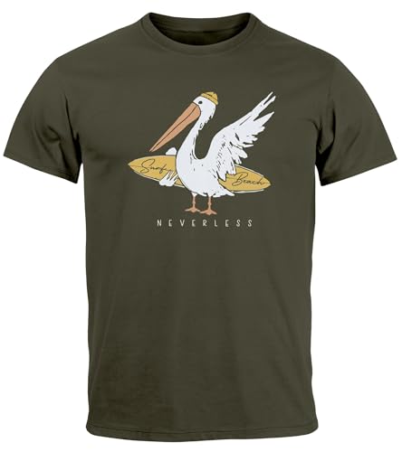 Neverless® Herren T-Shirt Pelikan Print Surfer Surfboard Printshirt Männer Fashion Streetstyle Frontprint Army L von Neverless