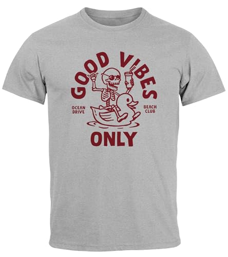 Neverless® Herren T-Shirt Printshirt Spruch Good Vibes Only Skelett-Motiv Sommer Frontprint Fashion Streetstyle grau 3XL von Neverless