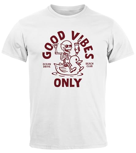 Neverless® Herren T-Shirt Printshirt Spruch Good Vibes Only Skelett-Motiv Sommer Frontprint Fashion Streetstyle weiß XS von Neverless