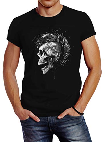 Neverless® Herren T-Shirt Punk Mohawk Skull Irokese Totenkopf Shirt Slim Fit schwarz XXL von Neverless