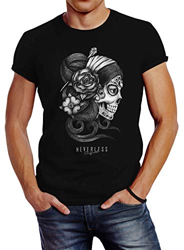 Neverless® Herren T-Shirt Santa Muerte La Catrina Mexican Skull Dia de los Muertos Tattoo Design Slim Fitt schwarz 4XL von Neverless