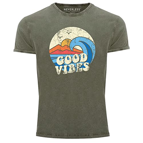 Neverless® Herren T-Shirt Schrift Good Vibes Welle Hippie Slogan Statement Surf Design Vintage Retro Printshirt Oliv L von Neverless