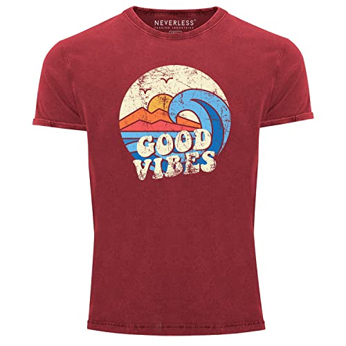 Neverless® Herren T-Shirt Schrift Good Vibes Welle Hippie Slogan Statement Surf Design Vintage Retro Printshirt rot M von Neverless