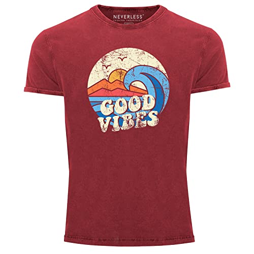 Neverless® Herren T-Shirt Schrift Good Vibes Welle Hippie Slogan Statement Surf Design Vintage Retro Printshirt rot S von Neverless