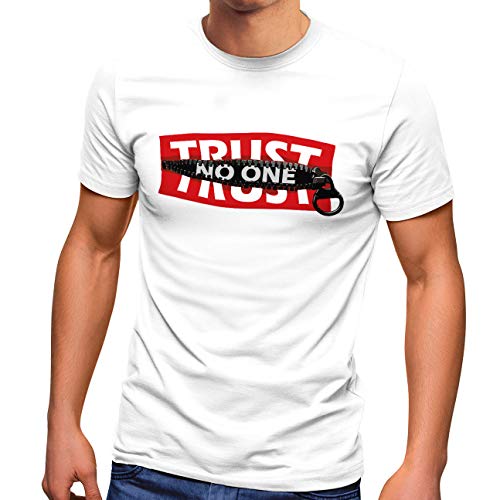 Neverless® Herren T-Shirt Spruch Warnung Trust no one Aufdruck Print Fashion Streetstyle weiß L von Neverless