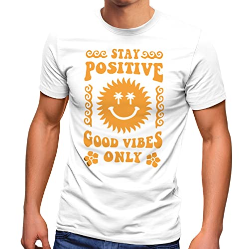 Neverless® Herren T-Shirt Statement Spruch Stay Positive Good Vibes Only Sonne Smile Sommer Fashion Streetstyle weiß-gelb 4XL von Neverless