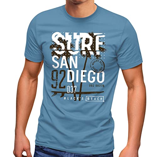 Neverless® Herren T-Shirt Surf Design San Diego Palmen Beach Strand Sommer Palmen Fashion Streetstyle Stone Blue L von Neverless