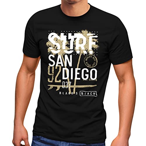 Neverless® Herren T-Shirt Surf Design San Diego Palmen Beach Strand Sommer Palmen Fashion Streetstyle schwarz-beige 3XL von Neverless