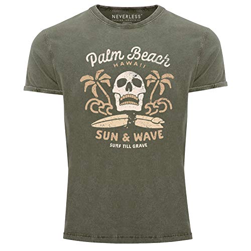 Neverless® Herren T-Shirt Surf-Motiv Totenkopf Palm Beach Vintage Shirt Oliv M von Neverless