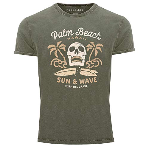 Neverless® Herren T-Shirt Surf-Motiv Totenkopf Palm Beach Vintage Shirt Oliv XXL von Neverless