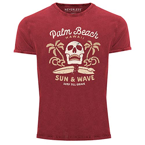 Neverless® Herren T-Shirt Surf-Motiv Totenkopf Palm Beach Vintage Shirt rot L von Neverless