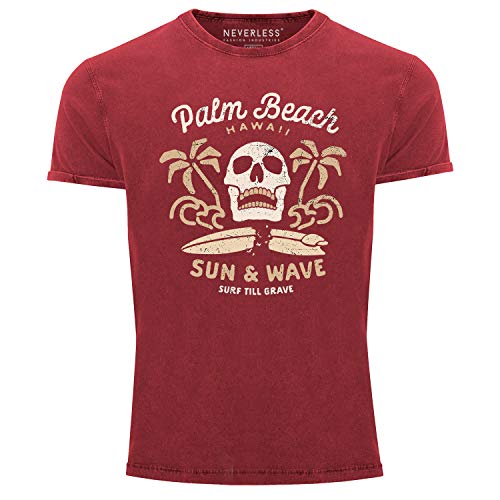 Neverless® Herren T-Shirt Surf-Motiv Totenkopf Palm Beach Vintage Shirt rot M von Neverless