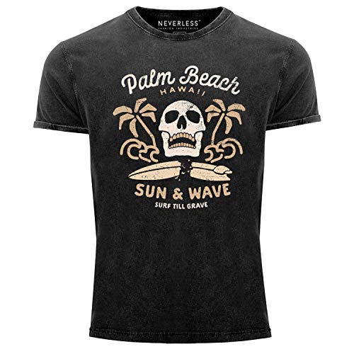Neverless® Herren T-Shirt Surf-Motiv Totenkopf Palm Beach Vintage Shirt schwarz XXL von Neverless