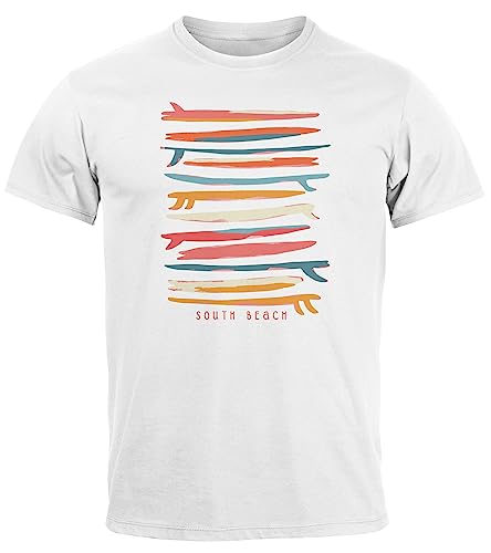 Neverless® Herren T-Shirt Surfboards South Beach California USA Sommer Surfing Motiv Fashion Streetstyle Weiss-rot 4XL von Neverless