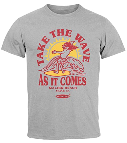 Neverless® Herren T-Shirt Surfer Spruch Take The Wave Welle Surfing Fashion Streetstyle Sommer grau S von Neverless