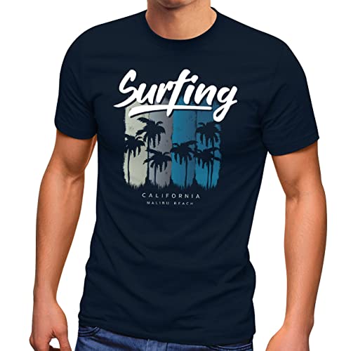 Neverless® Herren T-Shirt Surfing California Malibu Beach Sommer Strand Palmen Print Aufdruck Fashion Streetstyle Navy XS von Neverless