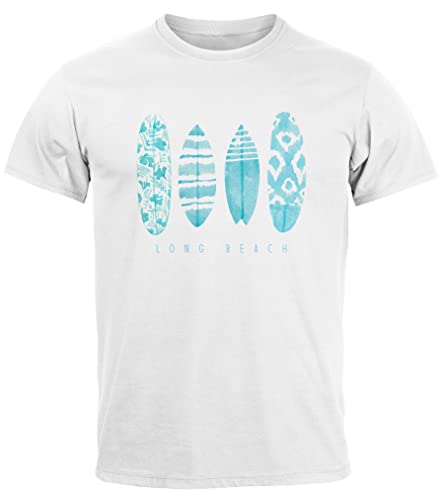 Neverless® Herren T-Shirt Surfing Fashion Aufdruck Long Beach Surfboard Sommer Strand Streetstyle Weiss-türkis XS von Neverless