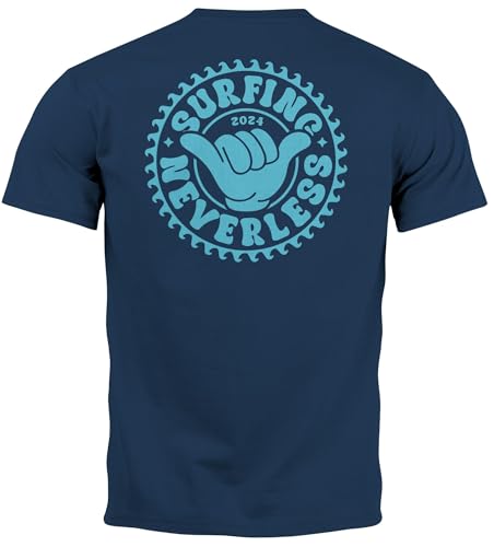 Neverless® Herren T-Shirt Surfing Surfer Motiv Hang Loose Sommer Sonne Wellen Backprint Fashion Streetstyle Navy-türkis XL von Neverless