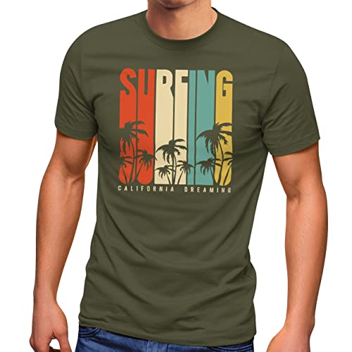 Neverless® Herren T-Shirt Surfing Surfer Style Schriftzug California Dreams Palmen Print Sommer Fashion Streetstyle Army XL von Neverless