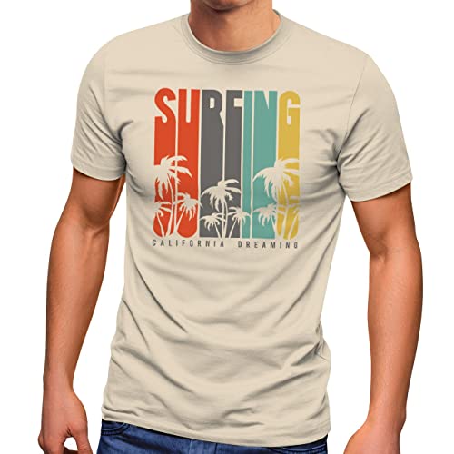 Neverless® Herren T-Shirt Surfing Surfer Style Schriftzug California Dreams Palmen Print Sommer Fashion Streetstyle Natur L von Neverless