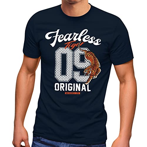 Neverless® Herren T-Shirt Tiger Aufschrift Fearless Original Sport College Trikot Fashion Streetstyle Navy L von Neverless