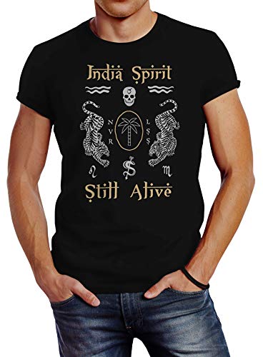 Neverless® Herren T-Shirt Tiger Motiv Totenkopf India Spirit Schriftzug Indien Fashion Streetstyle schwarz 4XL von Neverless