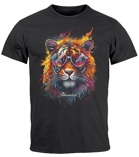 Neverless® Herren T-Shirt Tiger Print Aufdruck Flammen Sommer Sonnenbrille Kunst Fashion Streetstyle anthrazit M von Neverless