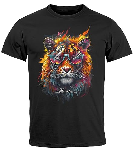 Neverless® Herren T-Shirt Tiger Print Aufdruck Flammen Sommer Sonnenbrille Kunst Fashion Streetstyle schwarz 3XL von Neverless