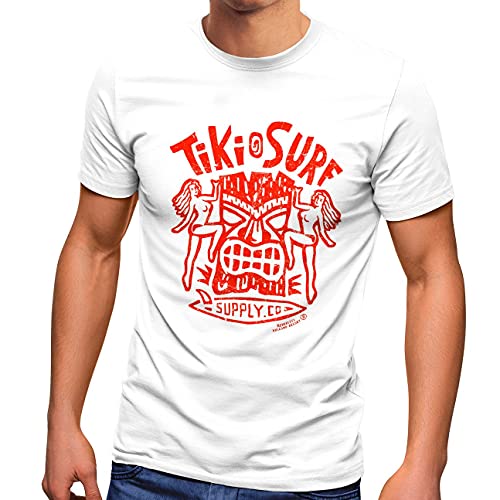 Neverless® Herren T-Shirt Tiki Maske Surf Honolulu Hawaii Beach Supply Sommer Sonne Printshirt Aufdruck Fashion Streetstyle Weiss rot 3XL von Neverless