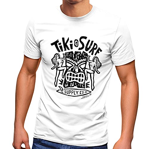 Neverless® Herren T-Shirt Tiki Maske Surf Honolulu Hawaii Beach Supply Sommer Sonne Printshirt Aufdruck Fashion Streetstyle Weiss schwarz L von Neverless