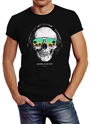 Neverless® Herren T-Shirt Totenkopf Kopfhörer Musik Party Skull Sonnenbrille Schädel Sounds of Detroit Music Slim Fit schwarz L von Neverless