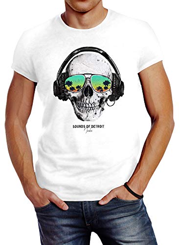 Neverless® Herren T-Shirt Totenkopf Kopfhörer Musik Party Skull Sonnenbrille Schädel Sounds of Detroit Music Slim Fit weiß 4XL von Neverless