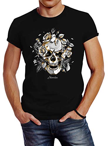 Neverless® Herren T-Shirt Totenkopf Rosen Skull Roses Schädel Slim Fit schwarz XXL von Neverless