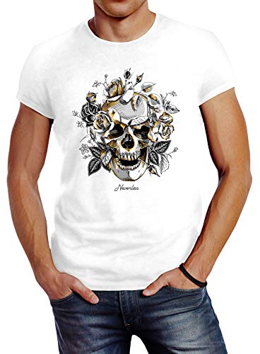 Neverless® Herren T-Shirt Totenkopf Rosen Skull Roses Schädel Slim Fit weiß 4XL von Neverless