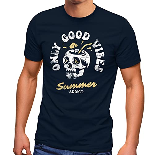 Neverless® Herren T-Shirt Totenkopf Schrift Only Good Vibes Skull Summer Sommer Retro Vintage Printshirt Fashion Streetstyle Navy-gelb 4XL von Neverless