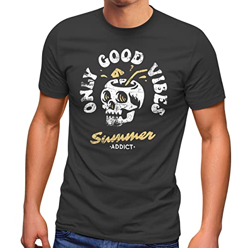 Neverless® Herren T-Shirt Totenkopf Schrift Only Good Vibes Skull Summer Sommer Retro Vintage Printshirt Fashion Streetstyle dunkelgrau-gelb 4XL von Neverless