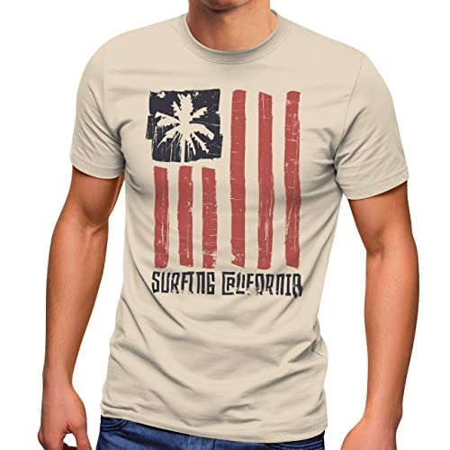 Neverless® Herren T-Shirt USA Surfing California Flagge Surf Design Retro Printshirt Aufdruck Fashion Natur M von Neverless