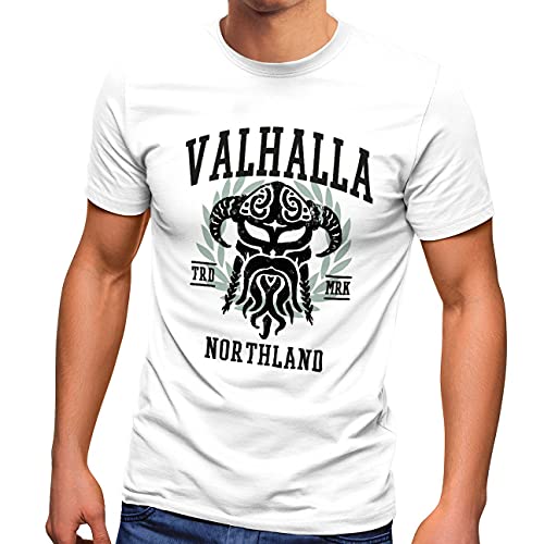 Neverless® Herren T-Shirt Valhalla Northland Wikinger Helm Nordmänner Bart Viking Fashion Streetstyle weiß 3XL von Neverless