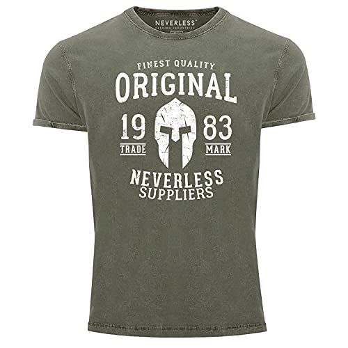 Neverless® Herren T-Shirt Vintage Shirt Aufdruck Original Gladiaior Used Look Slim Fit Oliv L von Neverless