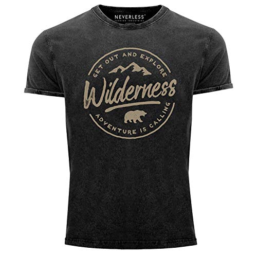 Neverless® Herren T-Shirt Vintage Shirt Printshirt Adventure Logo Berge Mountain Bär Wilderness Schriftzug Fashion Streetstyle Aufdruck Used Look Slim Fit schwarz XXL von Neverless