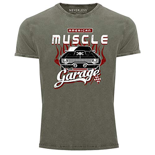 Neverless® Herren T-Shirt Vintage Shirt Printshirt American Muscle Car Used Look Slim Fit Oliv L von Neverless